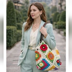 Handmade Crochet Colorful Crochet Floral Tote Bag